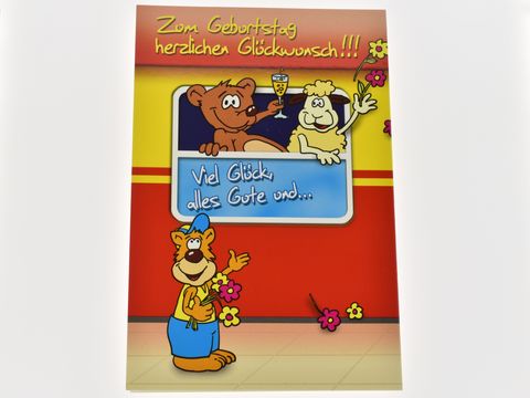 Eine bunte Geburtstagskarte mit einem Bären und einem Schaf, die fröhlich feiern, umrahmt von Blumen. Der Text wünscht viel Glück und alles Gute zum Geburtstag.