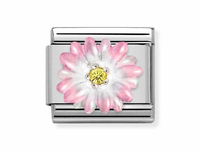 Edelstahl Charm von Nomination mit einem rosa blühenden Motiv und einem gelben Stein in der Mitte, ideal für Schmuckliebhaber, die florale Designs schätzen.