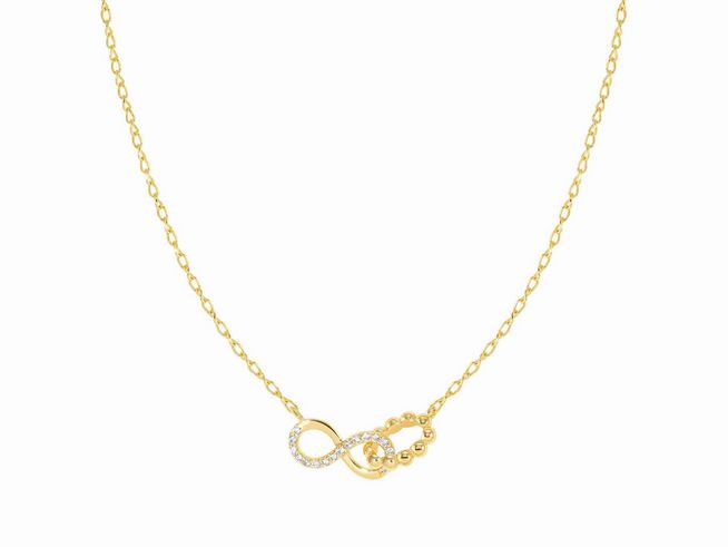 Eine elegante Kette aus Sterling Silber mit Goldauflage, die ein filigranes Infinity-Symbol mit funkelnden Steinen zeigt. Ideal als Schmuckstück für besondere Anlässe.