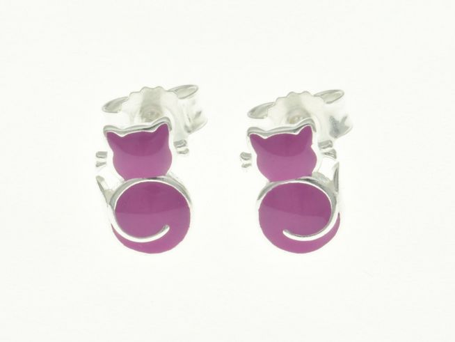 Katze Ohrstecker aus Sterling Silber mit lila Lack, vom Hersteller Juwelier Harnisch, speziell für Kinder entworfen, niedliches Design in Form einer Katze.