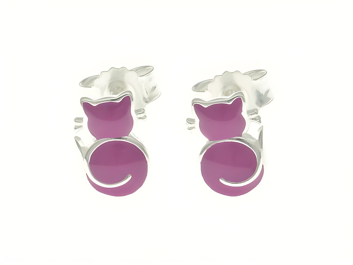 Katze Ohrstecker aus Sterling Silber mit lila Lack, vom Hersteller Juwelier Harnisch, speziell für Kinder entworfen, niedliches Design in Form einer Katze.