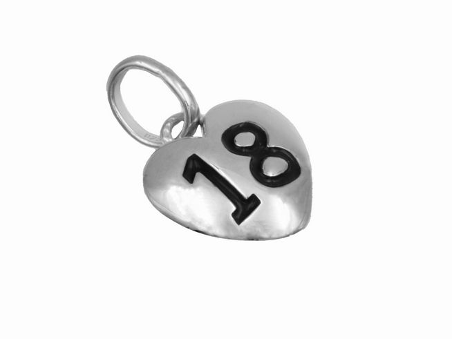 Herz Anhänger 18 aus 925 Sterling Silber, poliert und rhodiniert, mit schwarzer Zahl 18, Hersteller Juwelier Harnisch, ideal als Geschenk oder Schmuckstück.