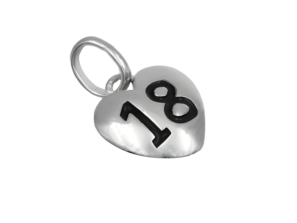 Herz Anhänger 18 aus 925 Sterling Silber, poliert und rhodiniert, mit schwarzer Zahl 18, Hersteller Juwelier Harnisch, ideal als Geschenk oder Schmuckstück.