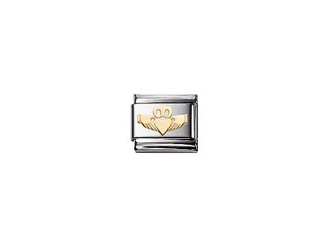 Das Bild zeigt ein klassischen CELTIC Claddagh Charm von Nomination, aus Gold und Silber, mit dem symbolischen Motiv von Händen, Herzen und einer Krone.