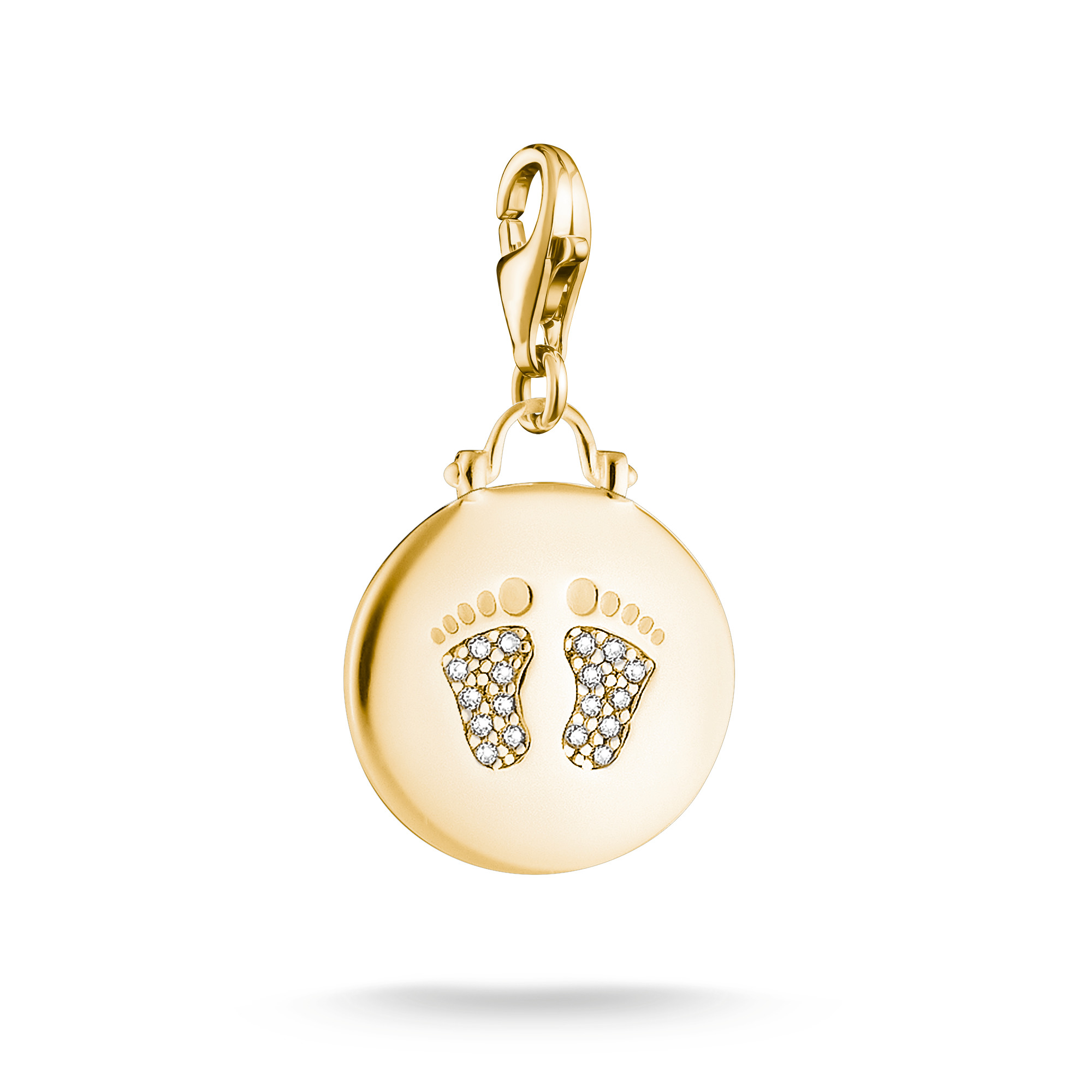 Thomas Sabo Charm in Form von Babyfüßen mit 18k Gelbgold Vergoldung und Zirkonia, modernes und elegantes Design, ideal für jeden Anlass, Neuheiten von Thomas Sabo.