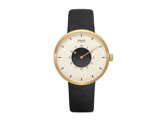 M&M Damenuhr M11950-411 aus der Vegan Line mit einem eleganten Zifferblatt in gold und schwarz, schwarzem Textilarmband, zeitloses Design für modebewusste Frauen.