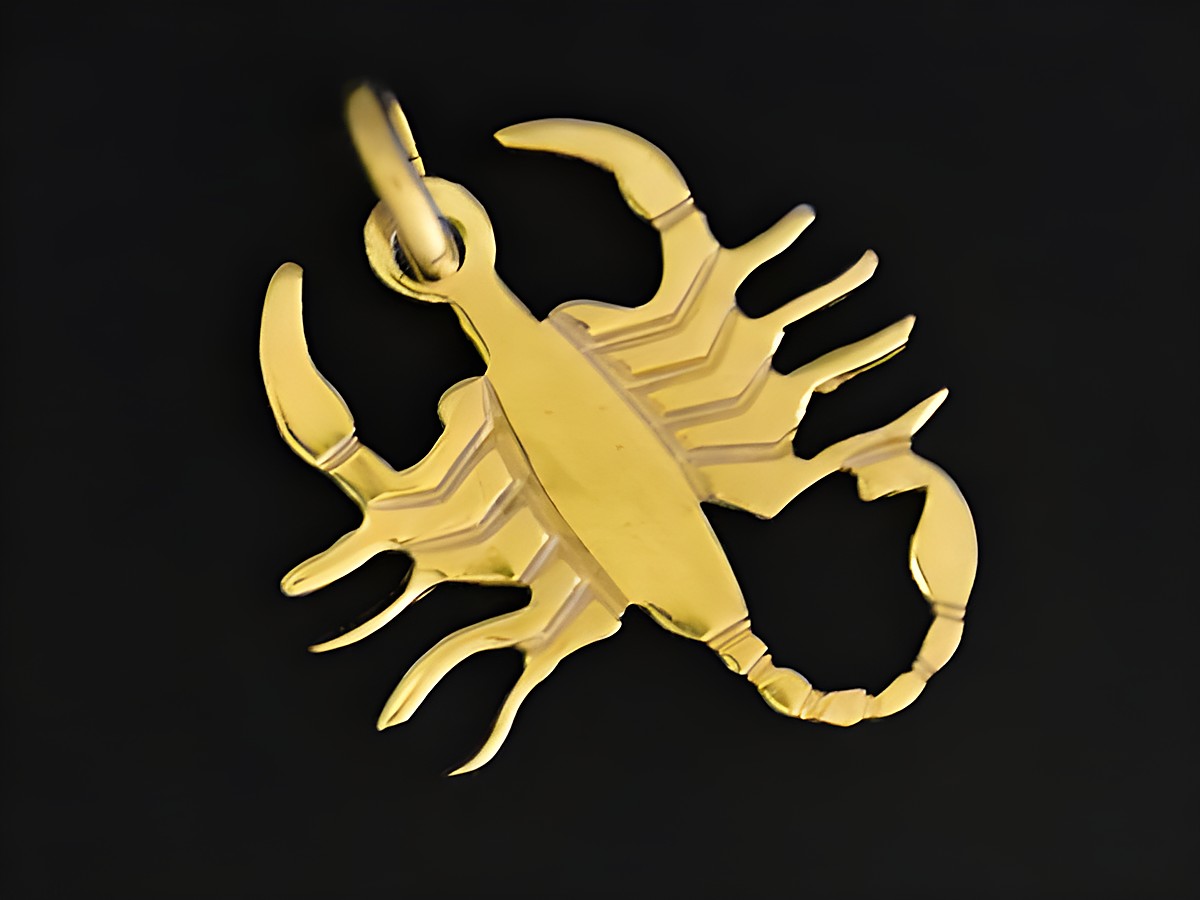 Skorpion Anhänger Gold 333, plastisch flach, Hersteller Juwelier Harnisch, für Sternzeichen Skorpion, idealer Schmuck für Krebs-Geborene, glänzende Oberfläche und detaillierte Verarbeitung.