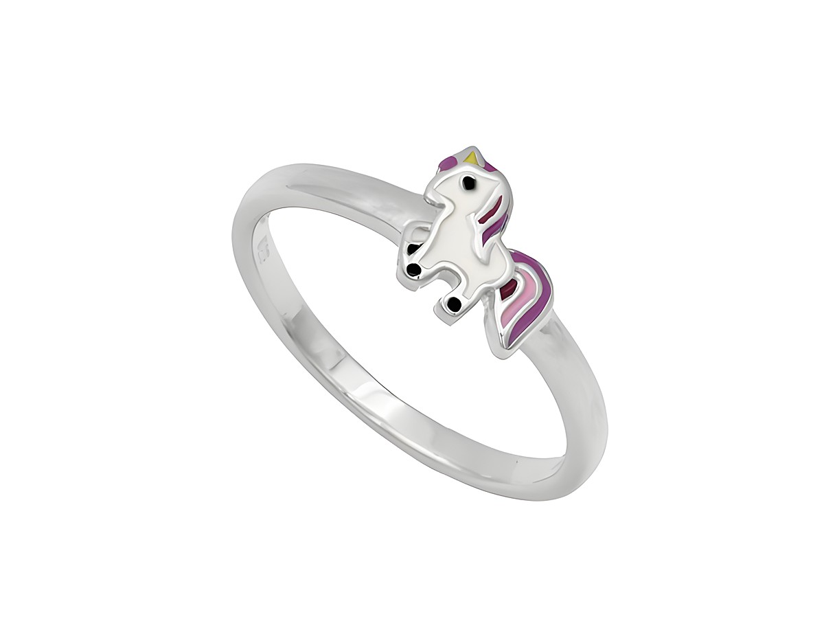 Kinderring mit einem niedlichen Einhorn aus rhodiniertem Sterling Silber in Größe 50, perfekt für Kinder, hergestellt von Juwelier Harnisch.