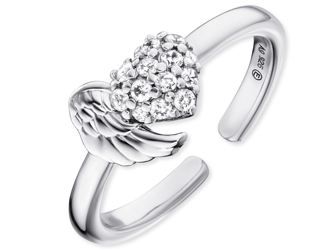 Silberner Ring von Engelsrufer mit einem Herz, das mit funkelnden Zirkonia besetzt ist, und elegant gestalteten Flügeln, rhodiniert für einen strahlenden Glanz.