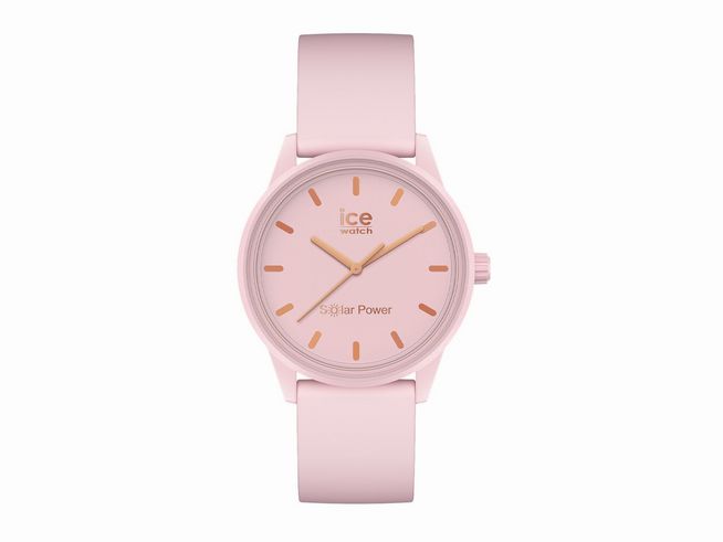 Die Ice-Watch ICE Solar Power Pink Lady Small 018479 zeigt eine zarte rosafarbene Uhr mit einem minimalistischen Ziffernblatt und einem strapazierfähigen Armband, ideal für feminine Eleganz.