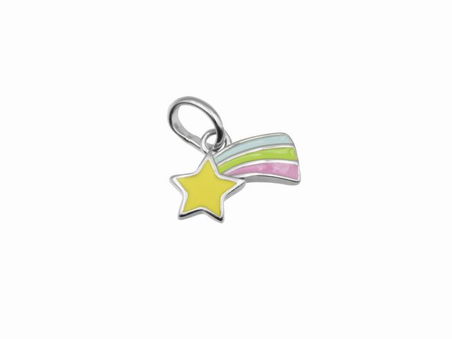Anhänger in Form einer Sternschnuppe mit buntem Lack, gelbe Stern- und Regenbogen-Details, aus rhodiniertem Sterling Silber, ideal als Schmuck für Kinder, Hersteller Juwelier Harnisch.