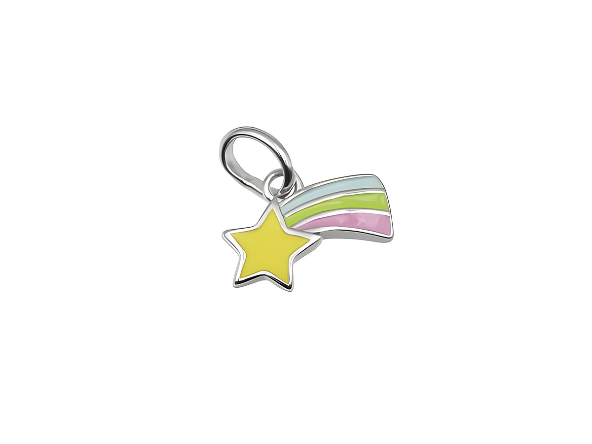 Anhänger in Form einer Sternschnuppe mit buntem Lack, gelbe Stern- und Regenbogen-Details, aus rhodiniertem Sterling Silber, ideal als Schmuck für Kinder, Hersteller Juwelier Harnisch.