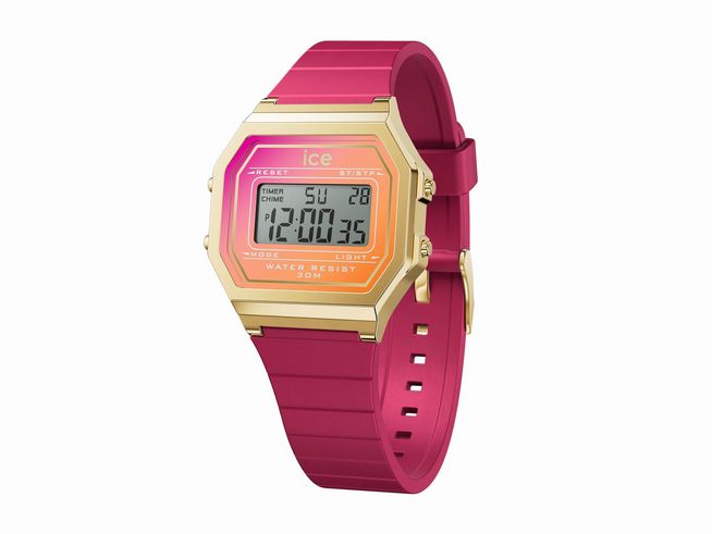 ICE digit retro sunset Fuschia Sunkissed Small von Ice Watch zeigt eine digitale Uhr mit pinkem Silikonarmband und goldfarbener Gehäuseumrandung, ideal für trendbewusste Träger.