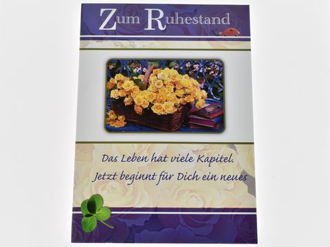 Glückwunschkarte zum Ruhestand mit buntem Marienkäfer, Klee und einem Korb voller gelber Rosen, umgeben von Büchern, Hersteller Juwelier Harnisch.