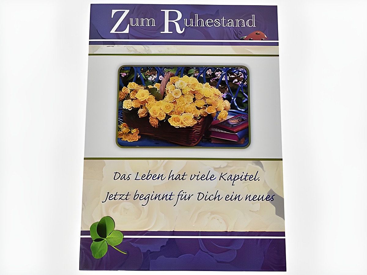 Glückwunschkarte zum Ruhestand mit buntem Marienkäfer, Klee und einem Korb voller gelber Rosen, umgeben von Büchern, Hersteller Juwelier Harnisch.