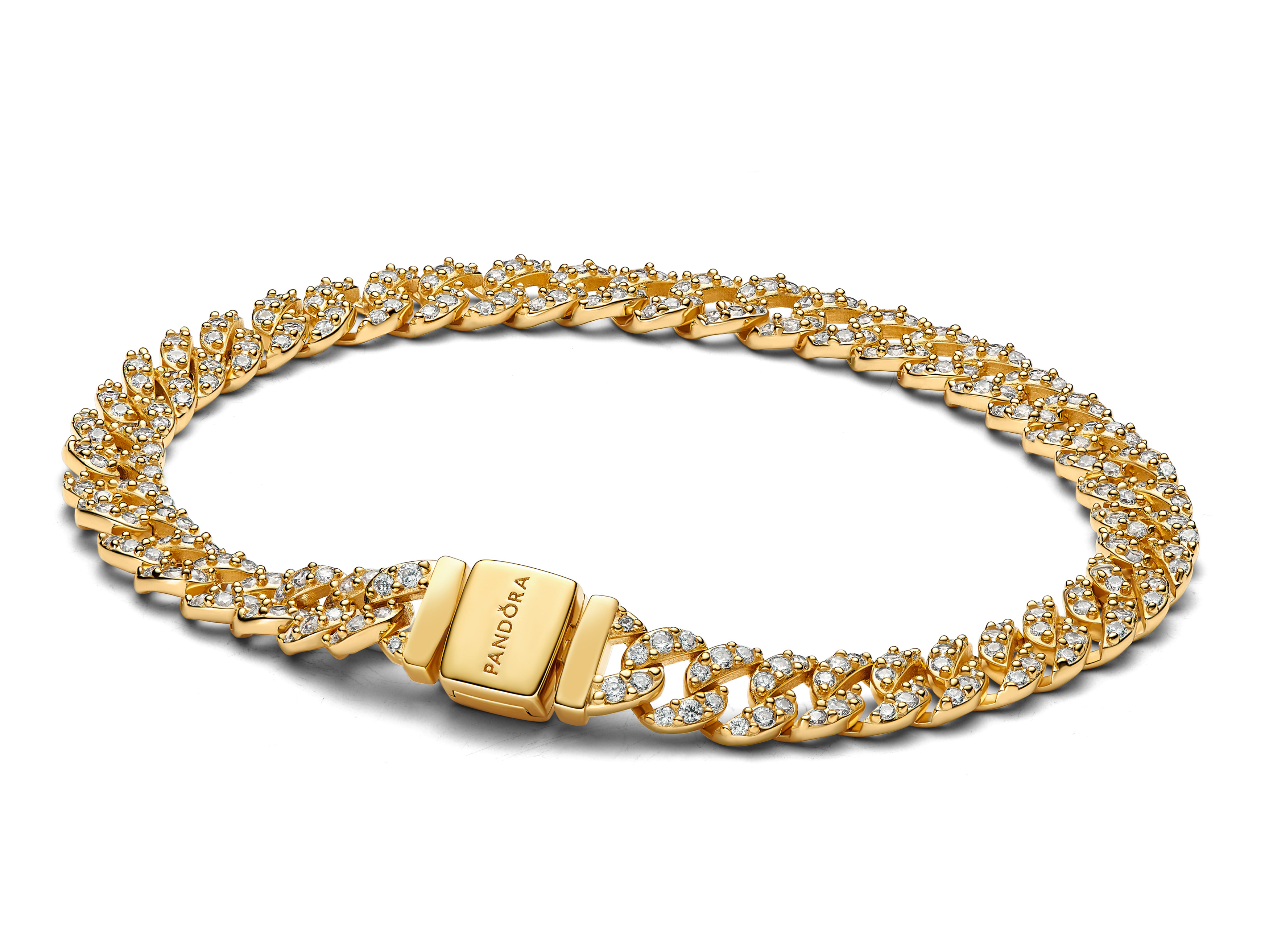 Pandora 563008C01-16 Panzerkette Armband in gelbgold vergoldeter Ausführung, verziert mit klarem Zirkonia, Länge 16 cm, elegantes Schmuckstück für jeden Anlass.