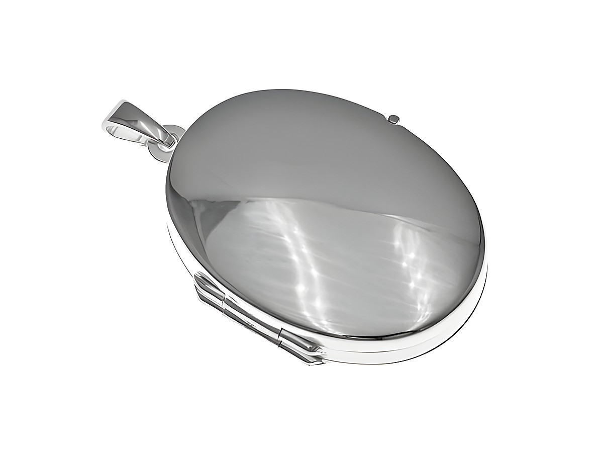 Medaillon für vier Fotos aus rhodiniertem Sterling Silber, Hersteller Juwelier Harnisch, elegant oval mit Hochglanzfinish und praktischer Öffnung zum Einlegen von Bildern.