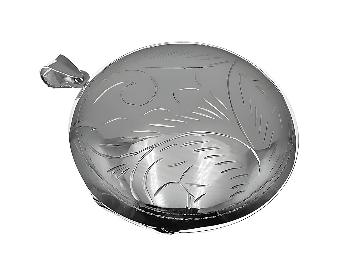 Rundes silbernes Medaillon mit floralem Muster, Hersteller Juwelier Harnisch, elegant gestaltet und hochwertig verarbeitet. Ideal als persönliches Schmuckstück oder Geschenk.
