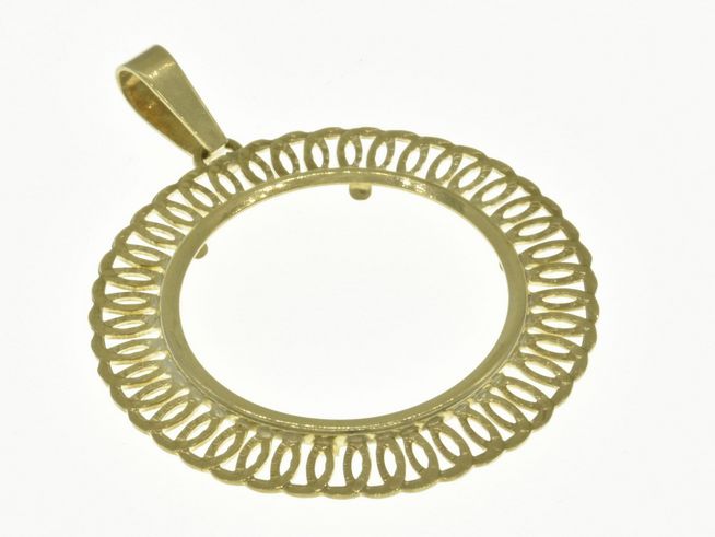 Münzfassung Anhänger aus 585 Gold, nostalgisches Design mit filigraner Randgestaltung, für Münzen mit maximal 22,7 mm Durchmesser, Hersteller Juwelier Harnisch.