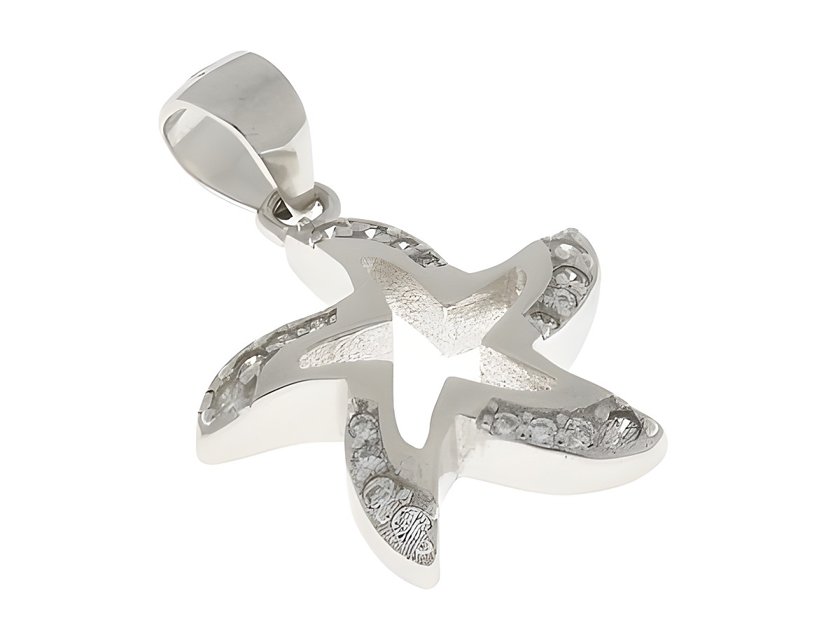 Anhänger in Form eines Seesterns aus rhodiniertem Silber mit Zirkonia-Besatz, maritim und elegant, ideal für Tierliebhaber, Hersteller Juwelier Harnisch.