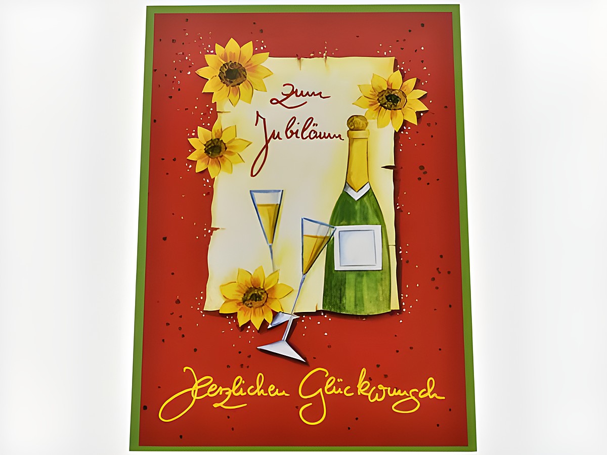 Eine Glückwunschkarte zum Jubiläum mit zwei Sektgläsern, einer Sektflasche und Sonnenblumen auf rotem Hintergrund, Hersteller Juwelier Harnisch, Glückwunschkarten.