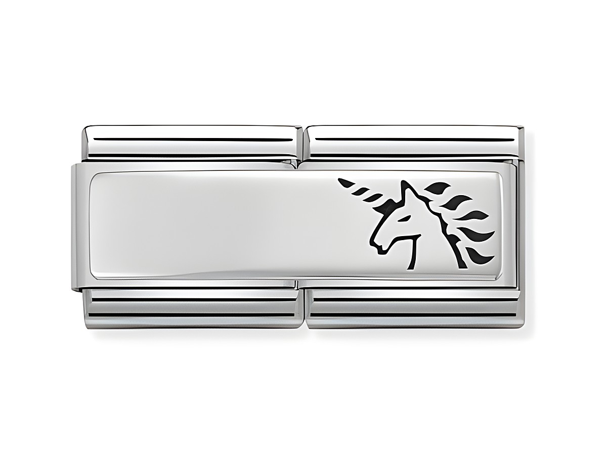 Einhornmotiv auf einem klassischen silbernen Charm aus Edelstahl, glatt und glänzend mit einem detaillierten Einhornkopf, Hersteller: Nomination, Modellnummer 330710 18 - DOUBLE Classic Silver Shine.