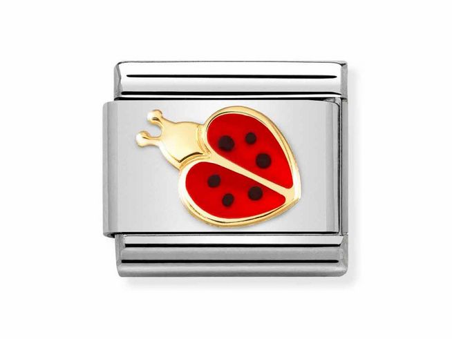 403027269-0 Ein klassisches Armbandglied von Nomination mit einem Luft-emaillierten Marienkäfer-Design in Rot und Schwarz, verziert mit Gold 750 und gefertigt aus Edelstahl.