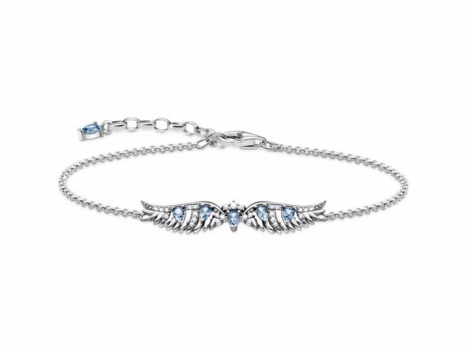 Elegantes Armband aus geschwärztem Sterling Silber von Thomas Sabo mit einem Phönix Flügel Design, verziert mit blauen synthetischen Spinellen und funkelnden Zirkonia.