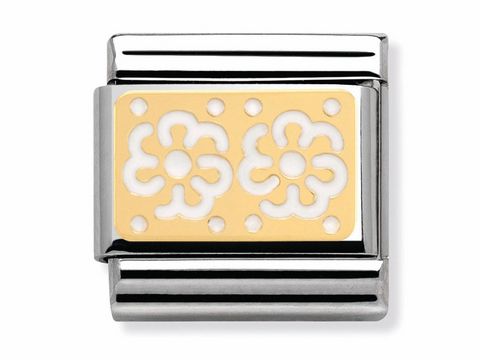 Emaillierte Nomination Classic Gold mit zwei weißen Blumen auf einem goldenen Hintergrund, verziert mit feinen Details, ideal für individualisierte Schmuckstücke.