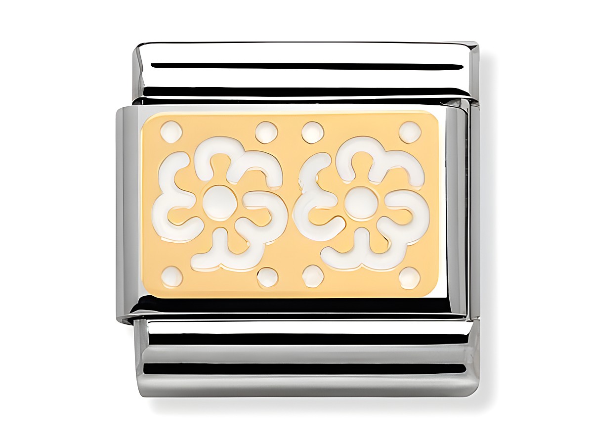 Emaillierte Nomination Classic Gold mit zwei weißen Blumen auf einem goldenen Hintergrund, verziert mit feinen Details, ideal für individualisierte Schmuckstücke.