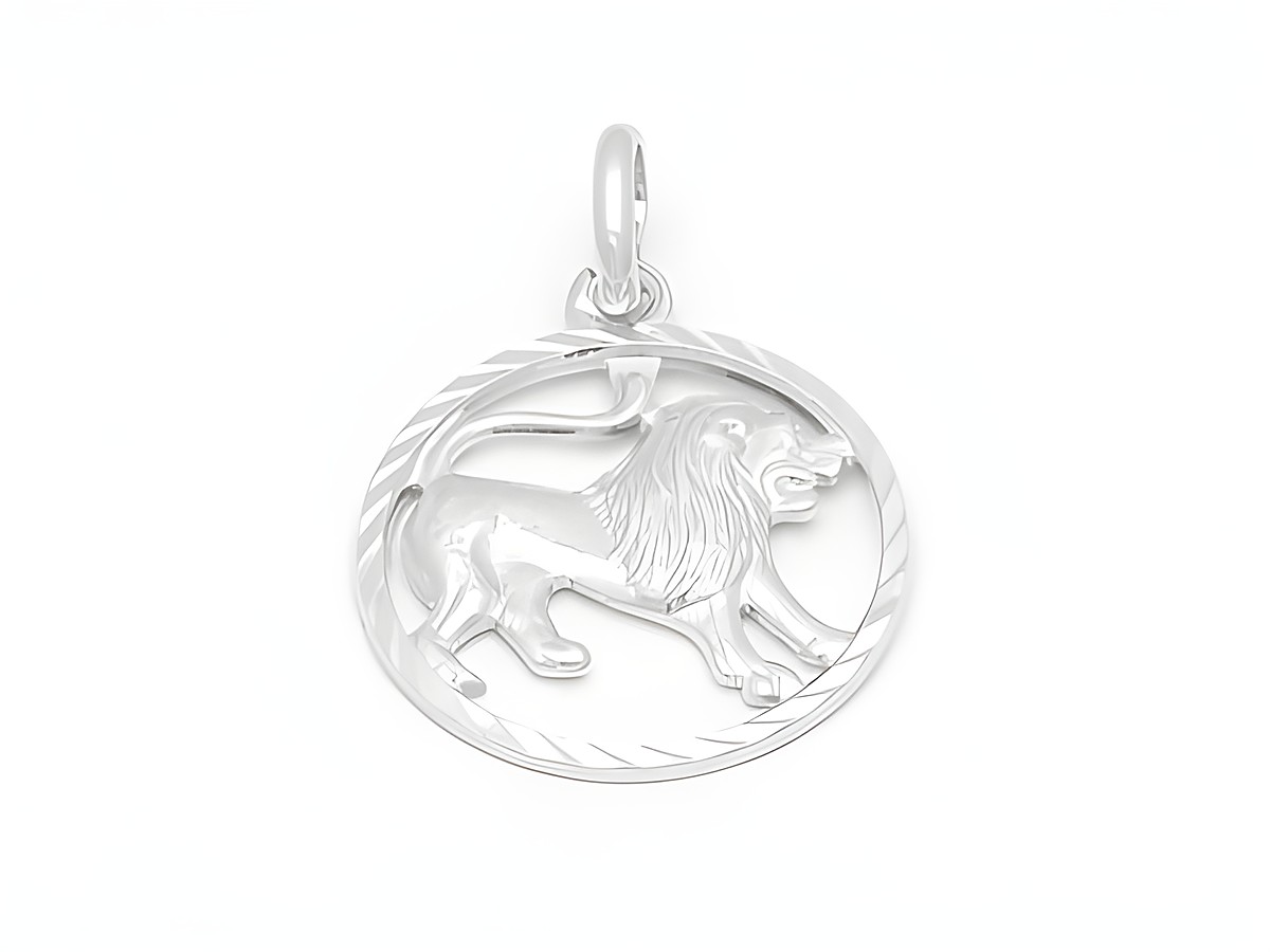 Loewe Sternzeichen Anhänger aus Sterling Silber, diamantiert, Hersteller Juwelier Harnisch, zeigt einen detailreichen Löwen in kreisförmigem Design. Ideal für Sternzeichenliebhaber.