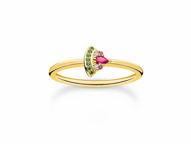 Thomas Sabo Ring TR2353-488-7-56 in Silber vergoldet mit Fächerdesign, gleitend mit Glas-Keramik Stein und synthetischem Korund, Größe 56. Elegantes Accessoire mit farbigen Akzenten.