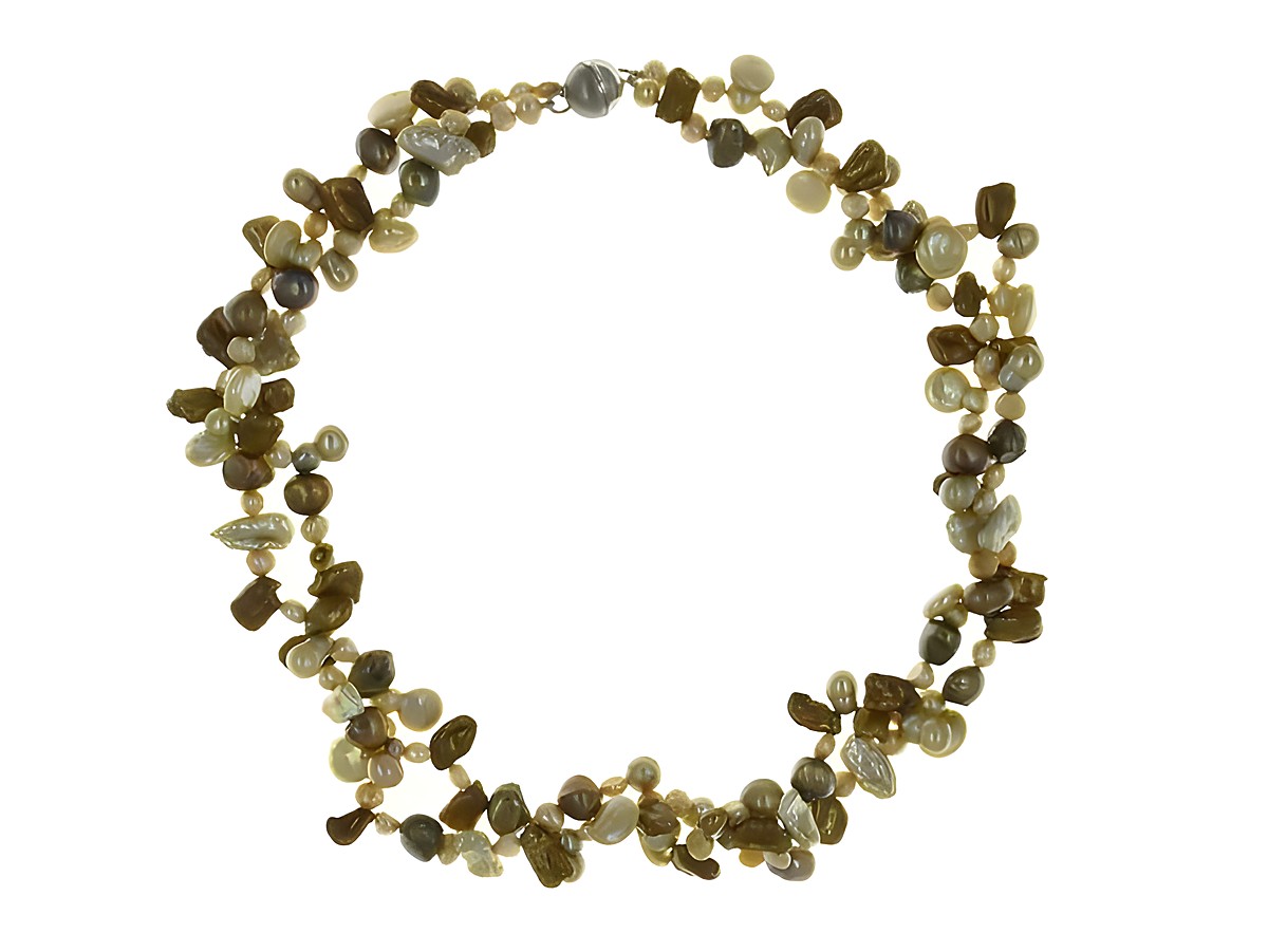 Perlenkette 2-reihig aus Süßwasser-Zuchtperlen und Biwa-Perlen in Braun und Creme, Größen 4-12,5 mm, Länge 50-55 cm, mit unglaublich besonderem Design von Juwelier Harnisch. – Ansicht 3
