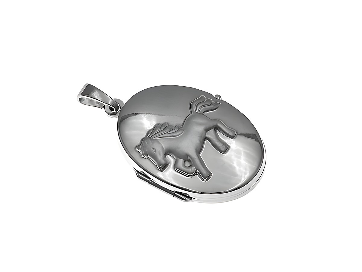Medaillon mit einem Pferdchen in rhodiniertem Sterling Silber, ovaler Form, Hersteller Juwelier Harnisch. Elegantes Schmuckstück für Tierliebhaber.