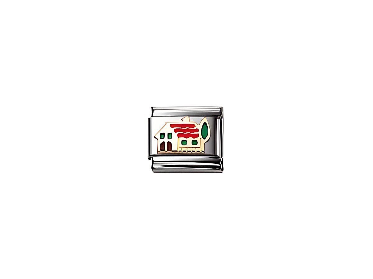 Emallierte charm von NOMINATION Classic mit einem bunten Hausdesign in rot, grün und cremefarben, hergestellt von Nomination, ideal für Armbänder und Schmuckstücke.