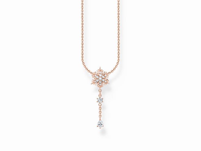 Kette aus sterling Silber, vergoldet in Roségold, mit einem filigranen Anhänger in Schneeflockenform und Zirkoniakristallen, ideal für elegante Anlässe.