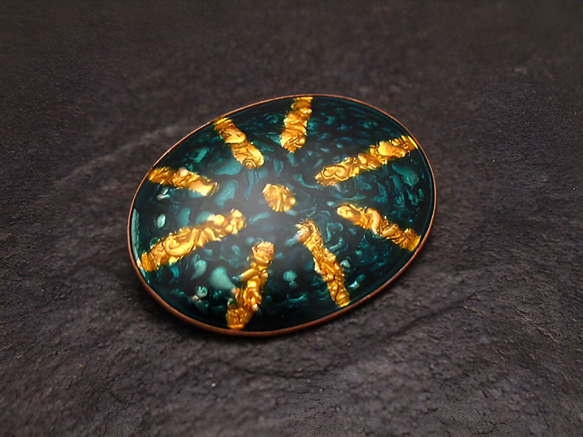 Brosche SUN in grün-gelb aus Emaille, vergoldet, im Vintage-Stil, Hersteller Juwelier Harnisch, dekorativ mit einem einzigartigen Muster.