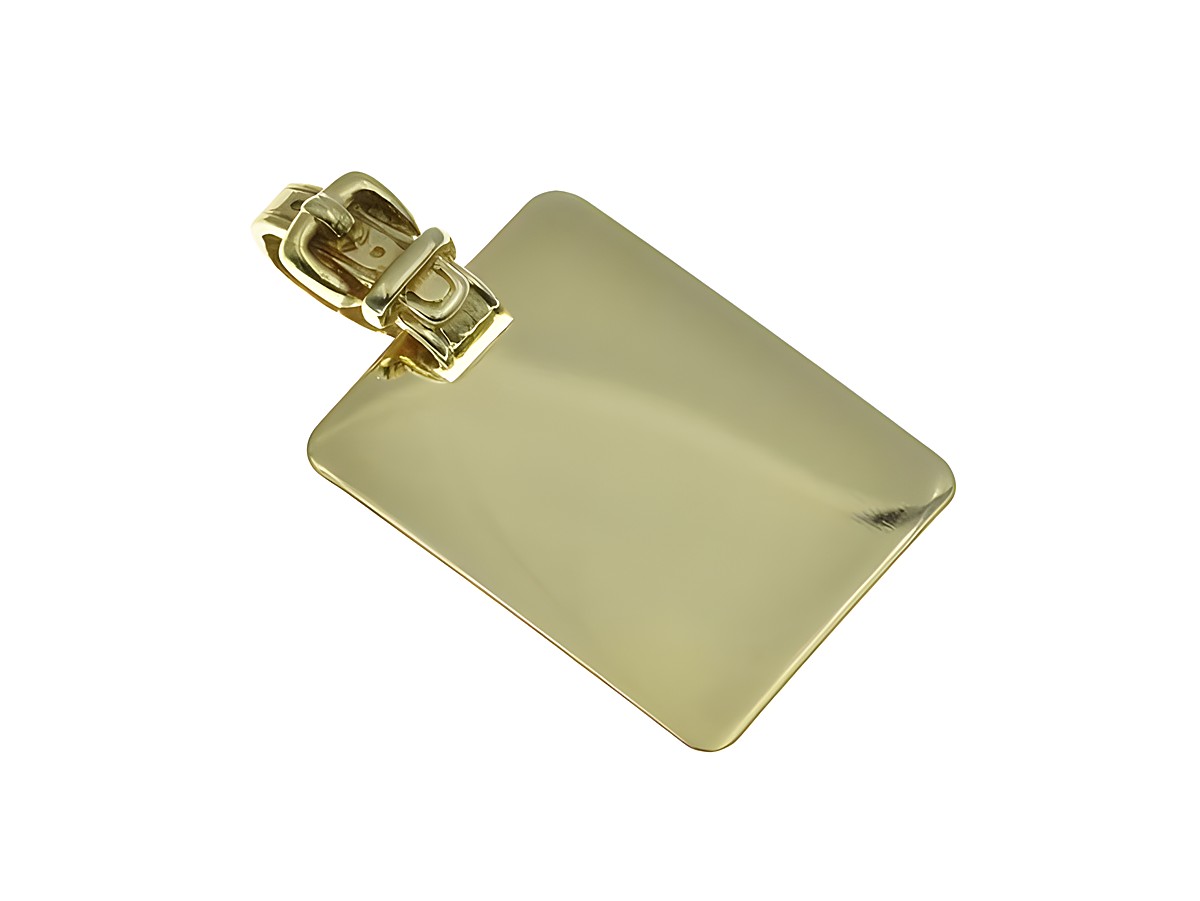 Schnalle klein aus Gold 585 mit einer Gravurplatte in der Größe 23 x 18 mm, hergestellt von Juwelier Harnisch, ideal für persönliche Gravuren.