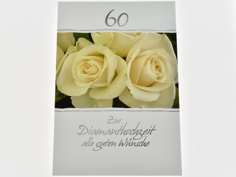 Hochzeitskarte mit Rosenblüten, einfarbige elegante Gestaltung, Aufschrift zur Diamanthochzeit alle guten Wünsche, Hersteller Juwelier Harnisch, ideal für Jubiläumsfeiern.