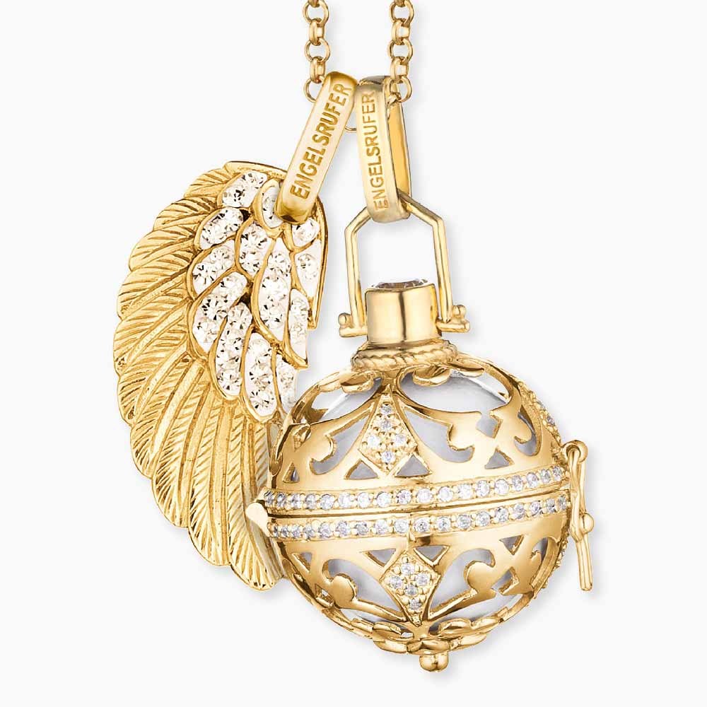 Engelsrufer FLÜGEL Anhänger mit Kristallen - Gelbgold vergoldet auf Silber & Kristall weiß - 3 cm – Ansicht 4