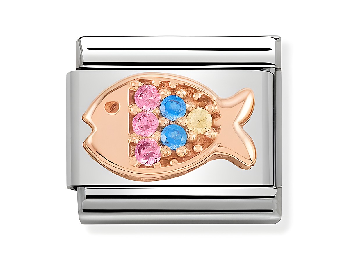 Fisch Motiv in Roségold mit bunten Zirkonia-Steinen in Pink, Blau und Gelb auf einem silbernen Armbandverschluss, Hersteller Nomination Classic Roségold 430302 26.