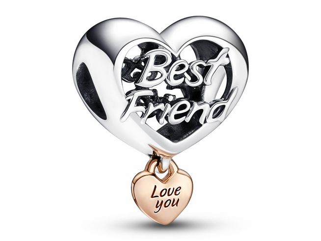 Herzförmiger Charm aus 585 Roségold und Silber mit den Aufschriften Best Friend und Love You, ideal als Geschenk für die Freundschaft.
