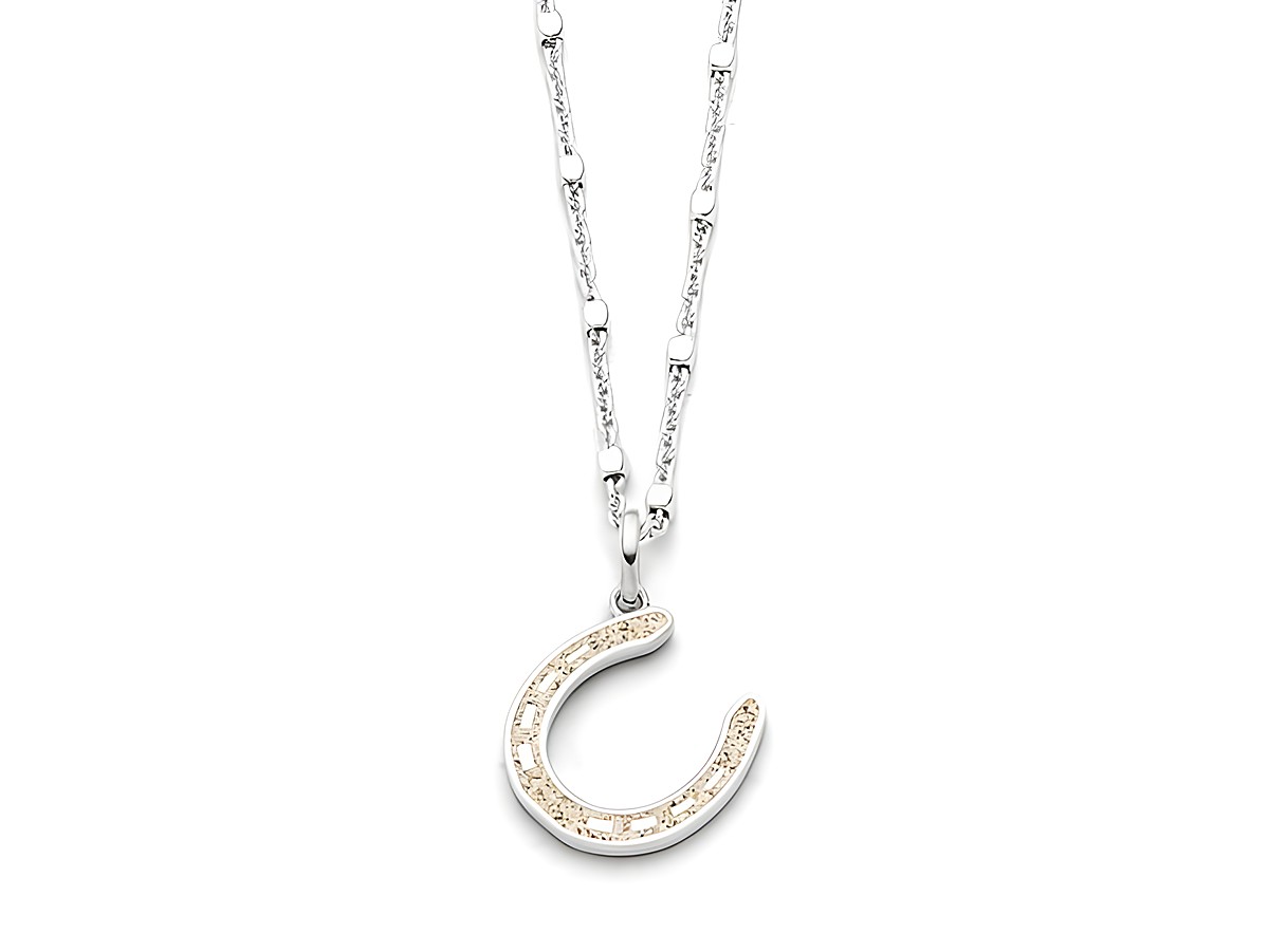 Hufeisenanhänger aus rhodiniertem Sterling Silber mit feinem Strandsand im Innenbereich, an einer modernen Kettenstruktur, passend für jeden Anlass und Ausdruck von Pferdeglück.