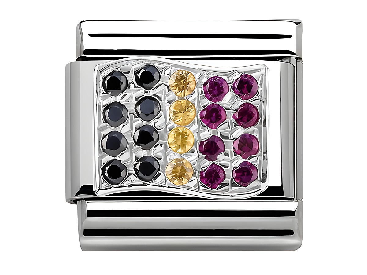 Schmuckelement von Nomination in Classic SilverShine mit Zirkonia in den Farben Schwarz, Gold und Rot, angeordnet in der Form einer Flagge, geeignet für Armbänder.