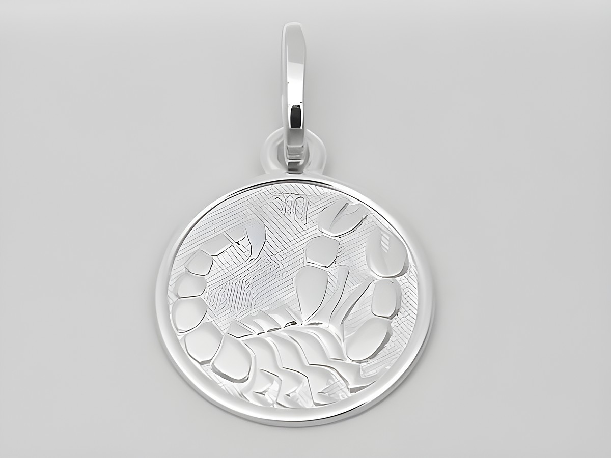 Ein polierter Anhänger aus Weißgold 585 mit dem Motiv eines Skorpions, Durchmesser 14 mm, gefertigt von Juwelier Harnisch, symbolisiert das Sternzeichen Skorpion.