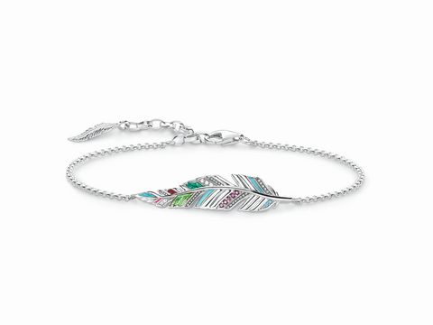 Silbernes Armband von Thomas Sabo mit einer bunten Federverzierung, einstellbare Länge von ca. 15 bis 19 cm, ideal für stylische Akzente und besondere Anlässe.