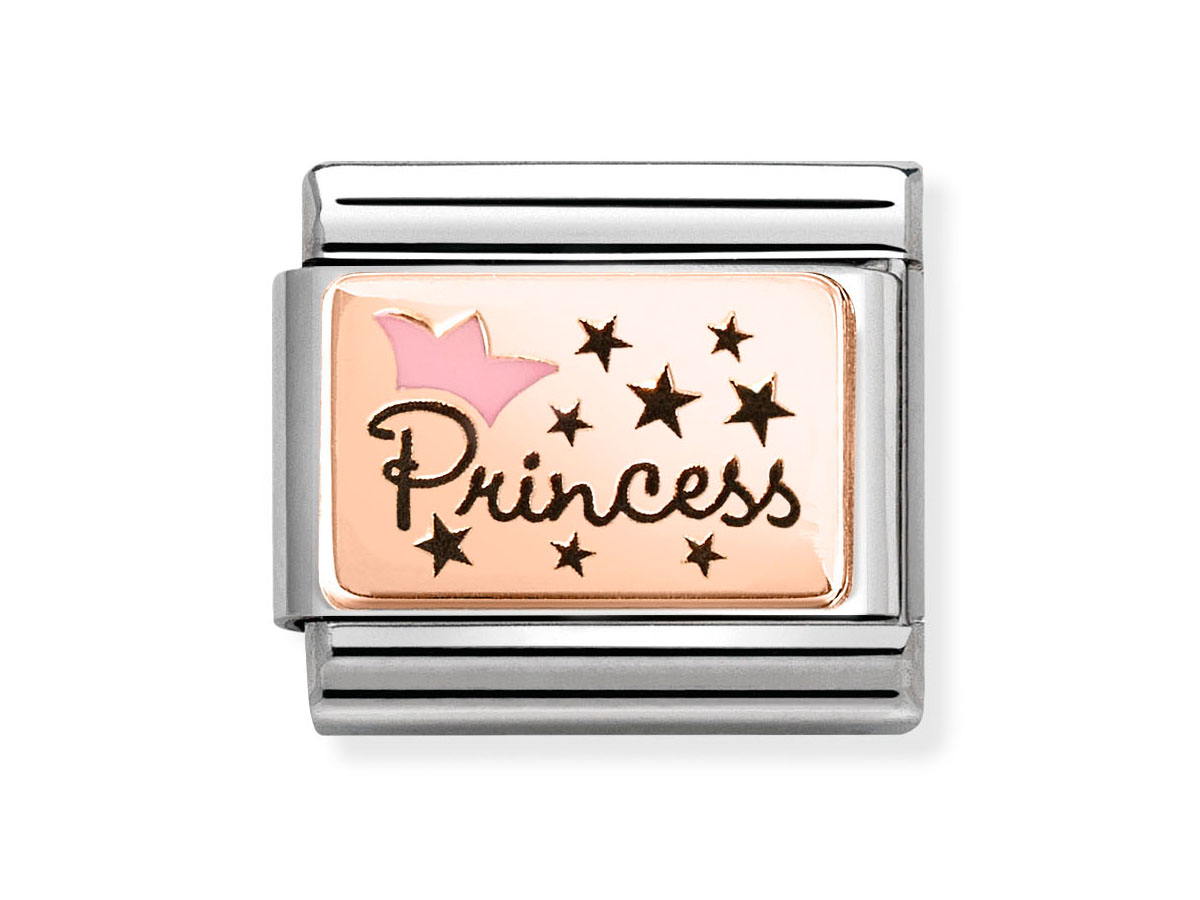 Plättchen aus Roségold mit rosa Emaille und der Aufschrift Princess sowie einer Krone und schwarzen Sternen, Hersteller Nomination, Neuheiten.
