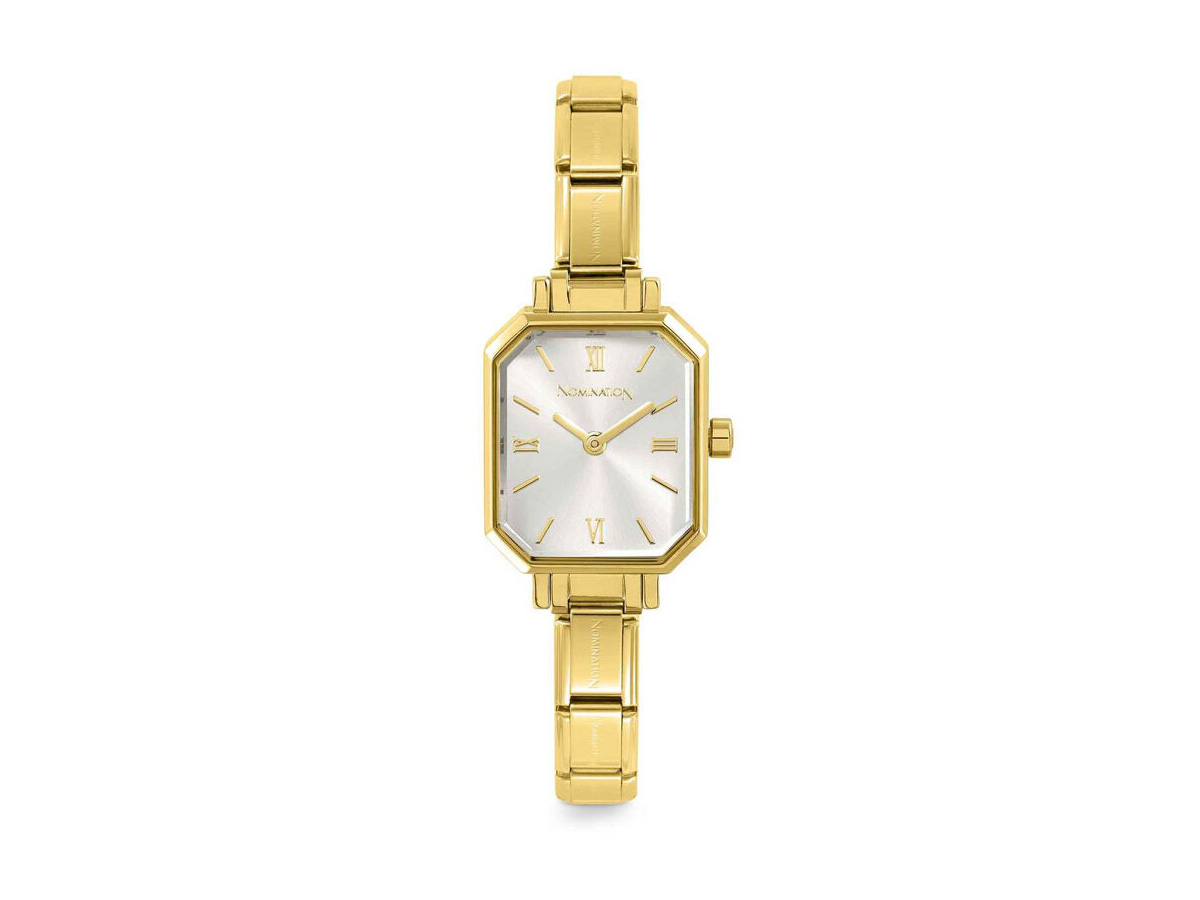 Edelstahl vergoldete eckige Armbanduhr von Nomination mit silbernem Ziffernblatt und goldenen römischen Ziffern, elegante Gliederarmbandkonstruktion, stilvoll und modern, für jeden Anlass geeignet.