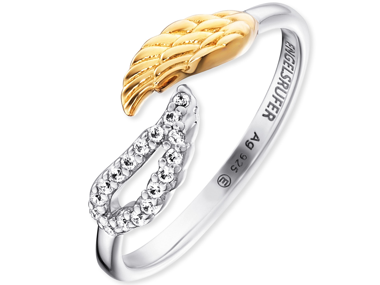 Doppel-Flügel Ring aus Gelbgold vergoldetem Silber mit Zirkonia von Engelsrufer, elegantes Design mit glänzenden Elementen, ideal für besondere Anlässe und als Schmuckstück.