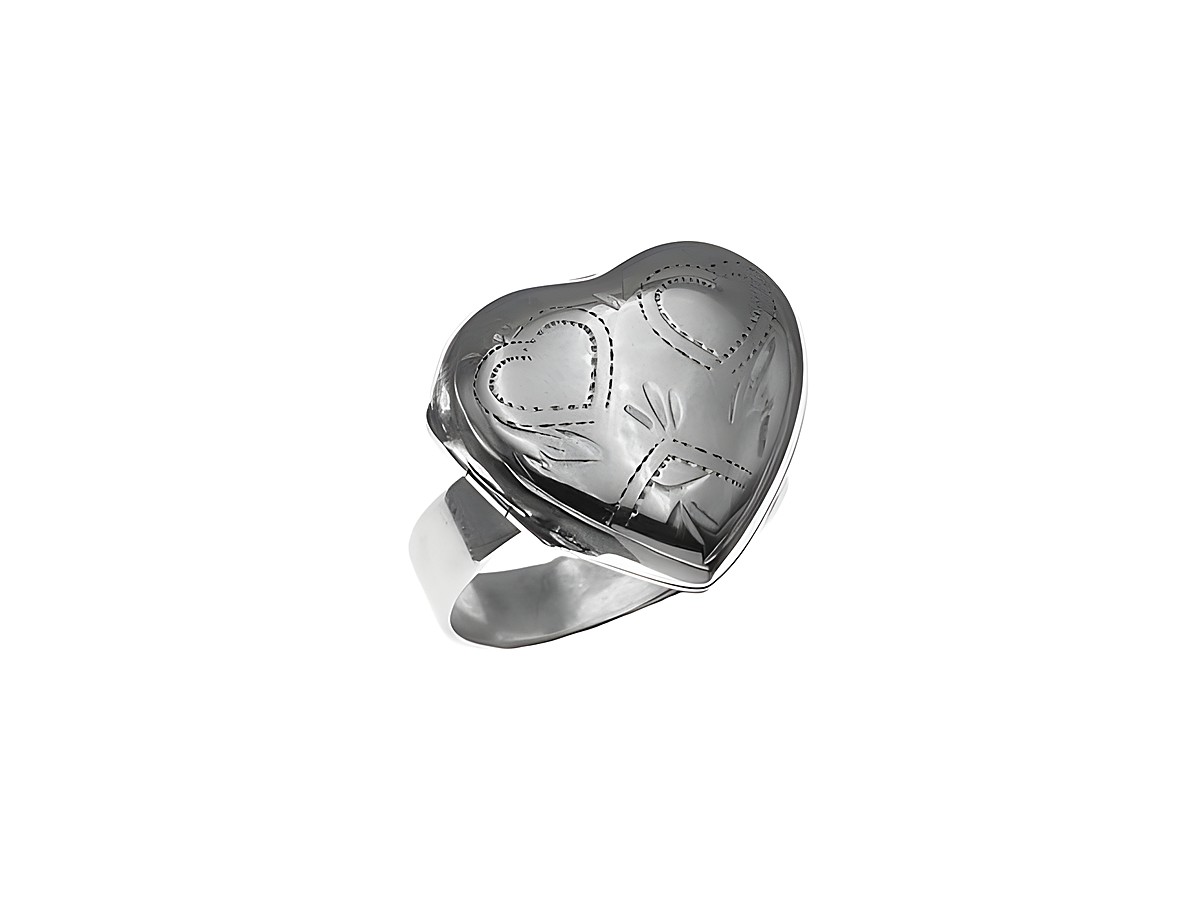 Medaillon Ring in Herzform aus Sterling Silber, verziert mit schönen Details, Größe 59, Hersteller Juwelier Harnisch. Elegant und romantisch, ideal für besondere Anlässe.